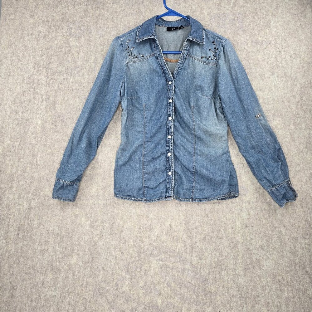 A.N.A Womens Denim Long Sleeve Button-Down Shirt With Stud Accents Size S Cotton